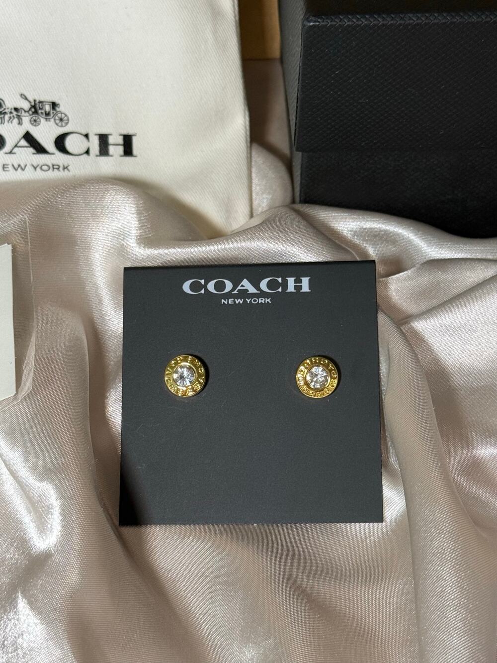 Coach Signature Stone Crystal Stud Earrings Gold Tone New